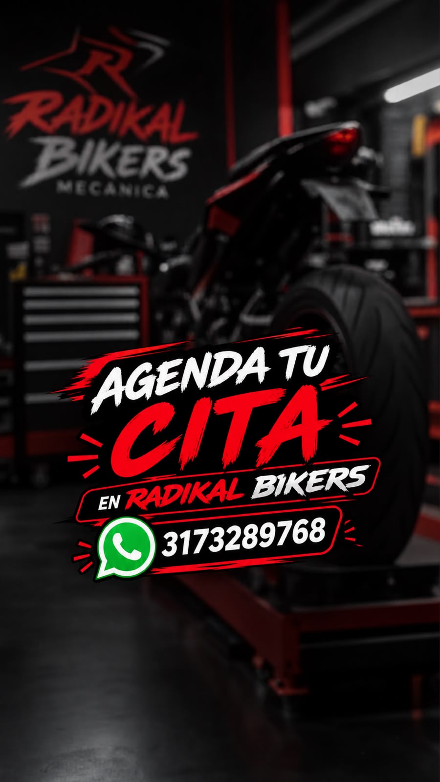 Pieza gráfica de Radikal Bikers con motocicleta en el taller y número de WhatsApp